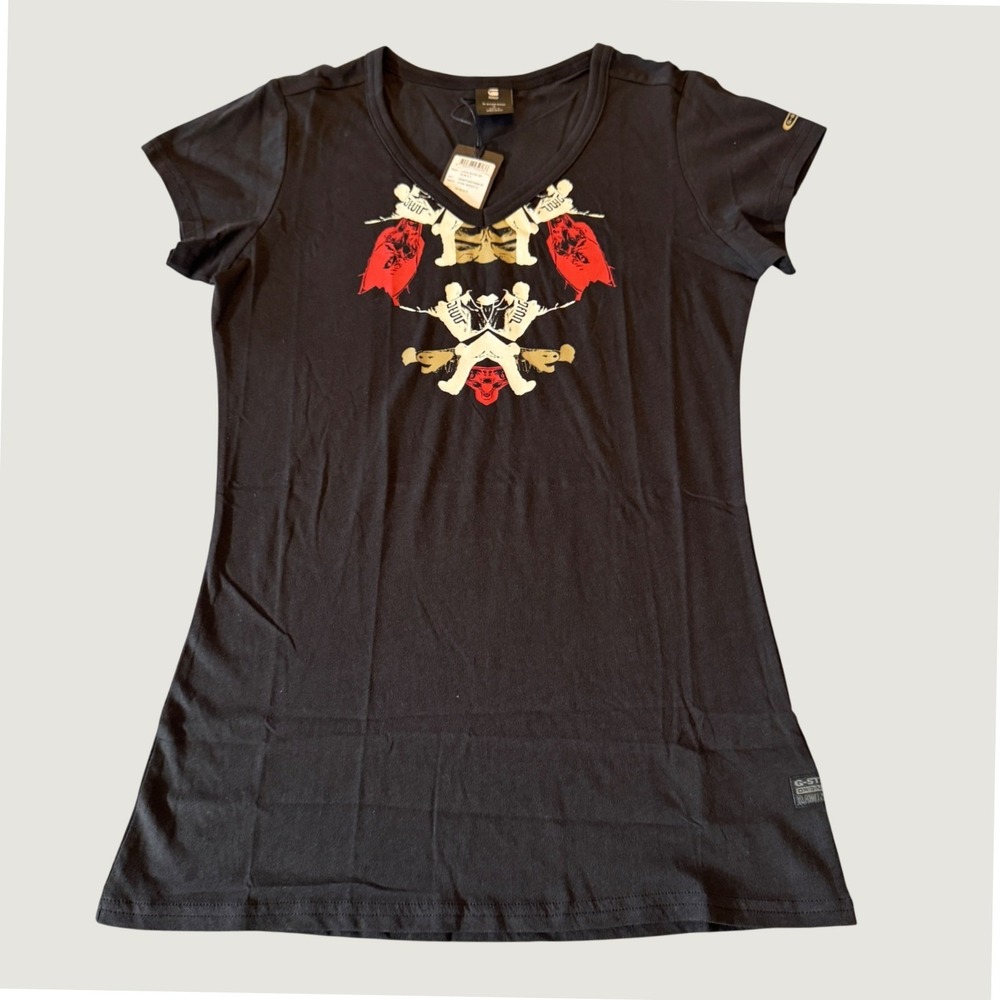 G-Star Raw Womens Slim T-Shirt‎ S Black V-Neck Graphic Print Streetwear Edgy